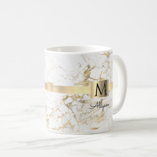 Wit & Goud Marmer, Scriptnaam & Monogram Koffiemok (Voorkant rechts)