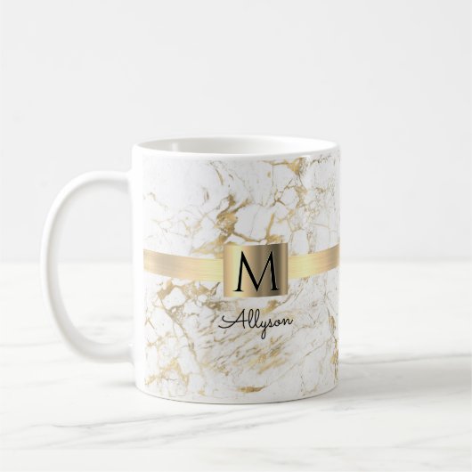 Wit & Goud Marmer, Scriptnaam & Monogram Koffiemok (Links)