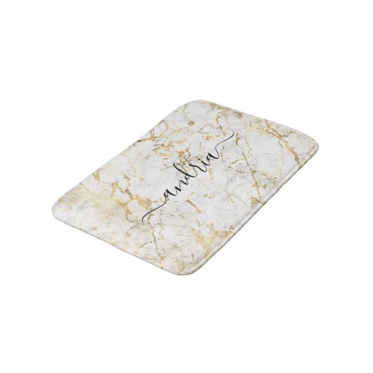 Wit & Goud Marmer, Zwarte Script Naam Badmat (Gekanteld)