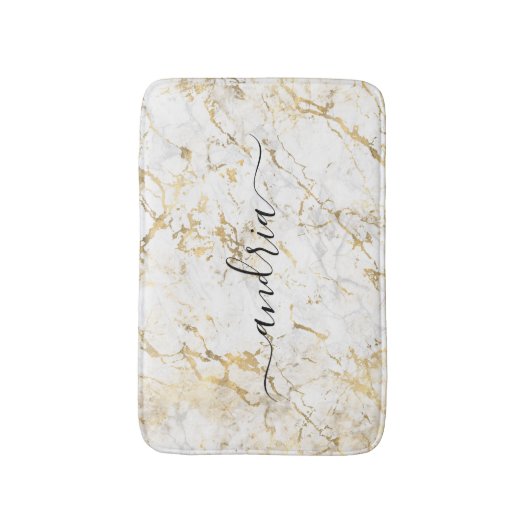 Wit & Goud Marmer, Zwarte Script Naam Badmat (Voorkant Verticaal)