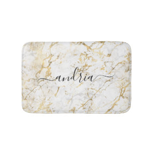 Wit & Goud Marmer, Zwarte Script Naam Badmat