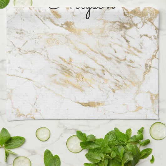 Wit & Goud Marmer, Zwarte Script Naam of Monogram Theedoek (Gevouwen)