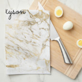 Wit & Goud Marmer, Zwarte Script Naam of Monogram Theedoek (Quarter Fold)