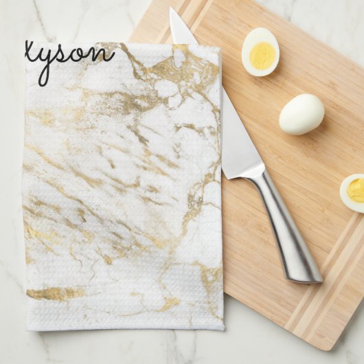 Wit & Goud Marmer, Zwarte Script Naam of Monogram Theedoek (Quarter Fold)