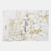 Wit & Goud Marmer, Zwarte Script Naam of Monogram Theedoek (Horizontaal)