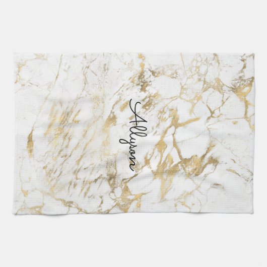 Wit & Goud Marmer, Zwarte Script Naam of Monogram Theedoek (Horizontaal)