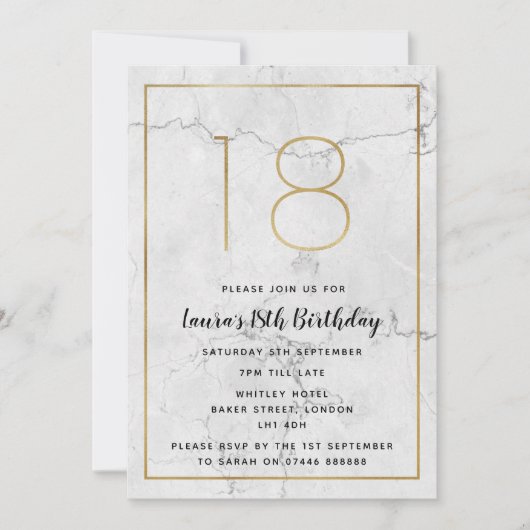 Wit & Goud Marmered 18e Verjaardag Uitnodigingen (Voorkant)
