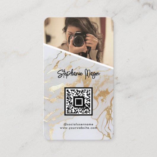 Wit Goud Marmeren Foto QR Code Moderne Fotografie Visitekaartje (Voorkant)