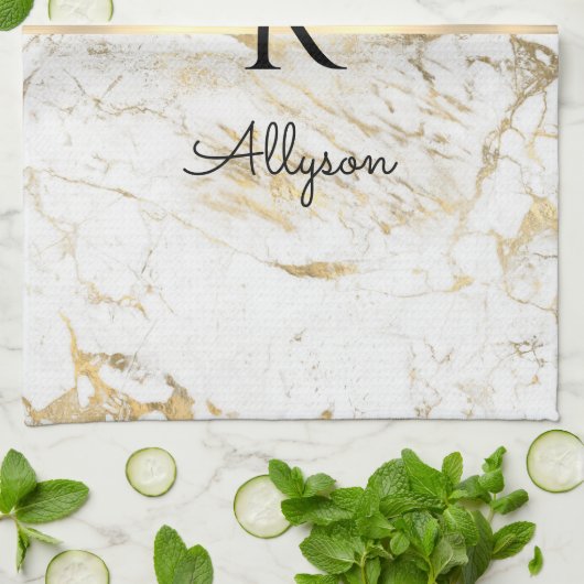 Wit & Goud Marmeren Gouden Bar Script Naam, Monogr Theedoek (Gevouwen)