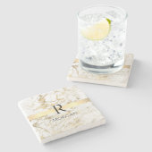 Wit & Goud Marmeren Gouden Bar, Zwart Naam Monogra Stenen Onderzetter (Zijkant)