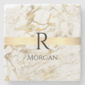 Wit & Goud Marmeren Gouden Bar, Zwart Naam Monogra Stenen Onderzetter (Voorkant)