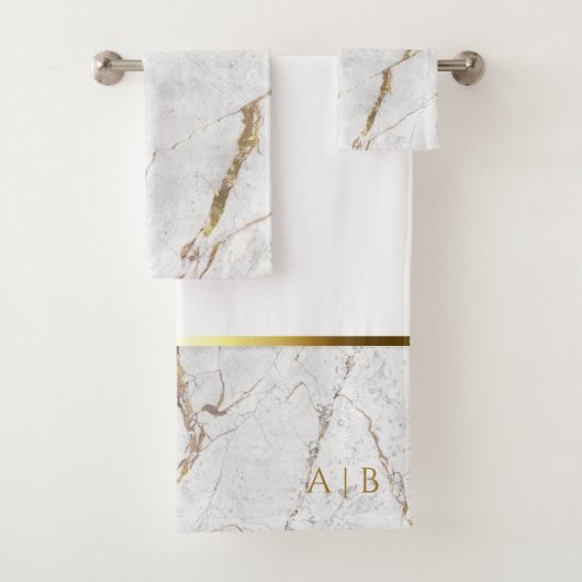 Wit & Goud Marmeren Scheurtjes | Monogram Bad Handdoek (Insitu)