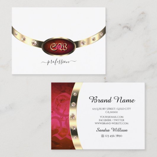 Wit Goud met Roze Rood Gradiënt Marmer Monogram Visitekaartje (Voorkant / Achterkant)