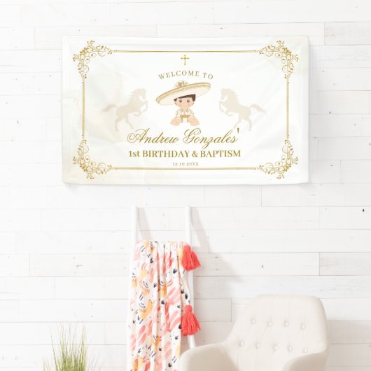Wit Goud Mexicaanse Jongen Doop 1e Verjaardag Groo Spandoek (Insitu)