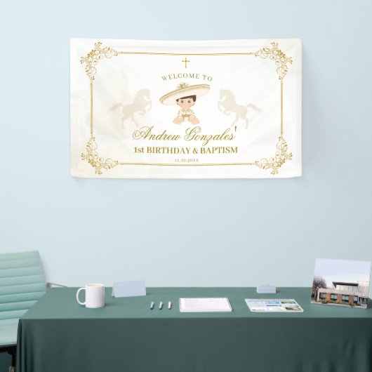 Wit Goud Mexicaanse Jongen Doop 1e Verjaardag Groo Spandoek (Beurs)