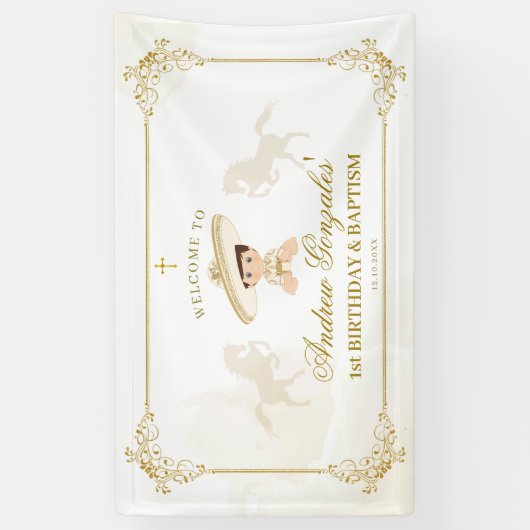 Wit Goud Mexicaanse Jongen Doop 1e Verjaardag Groo Spandoek (Verticaal)