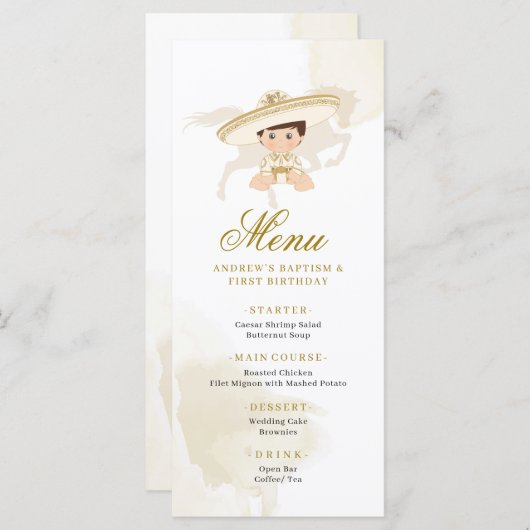 Wit Goud Mexicaanse Jongen Doop 1e Verjaardag Menu (Voorkant / Achterkant)