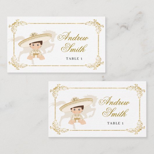 Wit Goud Mexicaanse Jongen Doop 1e Verjaardag Plaatskaartje (Voorkant / Achterkant)