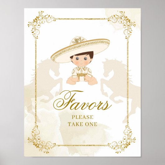 Wit Goud Mexicaanse Jongen Doop 1e Verjaardagsguns Poster (Voorkant)
