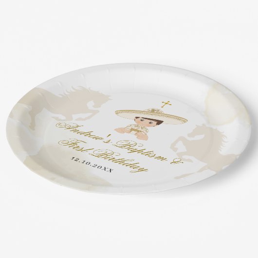 Wit Goud Mexicaanse Jongen Doop & Eerste Verjaarda Papieren Bordje (Gekanteld)