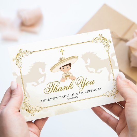 Wit Goud Mexicaanse Jongen Eerste Verjaardag Bedankkaart