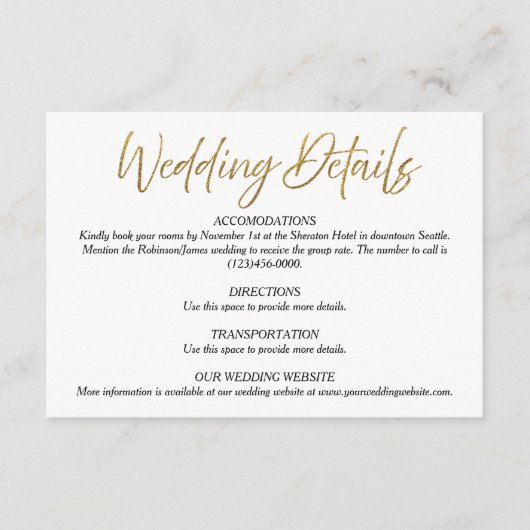 Wit & Goud Minimalistische Wedding Details Kaart (Voorkant)