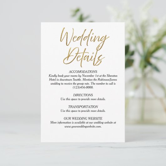 Wit & Goud Minimalistische Wedding Details Kaart (Staand voorkant)