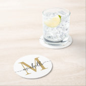 Wit Goud Modern Monogram Naam Elegant Schrift Ronde Kartonnen Onderzetter (Insitu)