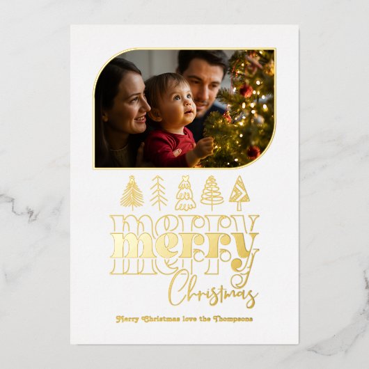 Wit & Goud Moderne Retro Doodle Kerstfoto Folie Feestdagenkaart (Voorkant)