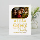 Wit & Goud Moderne Retro Doodle Kerstfoto Folie Feestdagenkaart (Staand Voorkant)