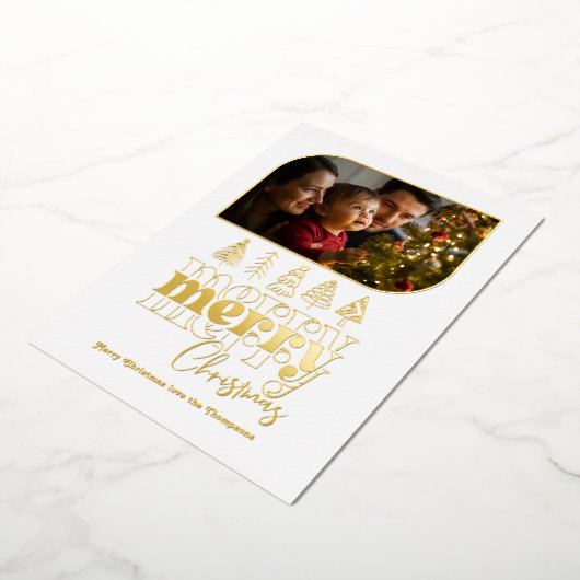 Wit & Goud Moderne Retro Doodle Kerstfoto Folie Feestdagenkaart (Gedraaid)