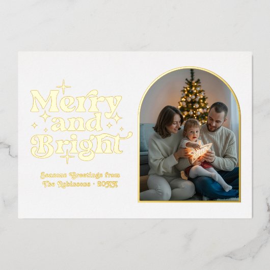 Wit & Goud Moderne Retro Kerstfoto Folie Feestdagenkaart (Voorkant)