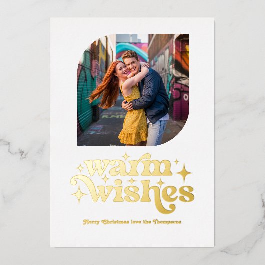 Wit & Goud Moderne Retro Kerstfoto Folie Feestdagenkaart (Voorkant)