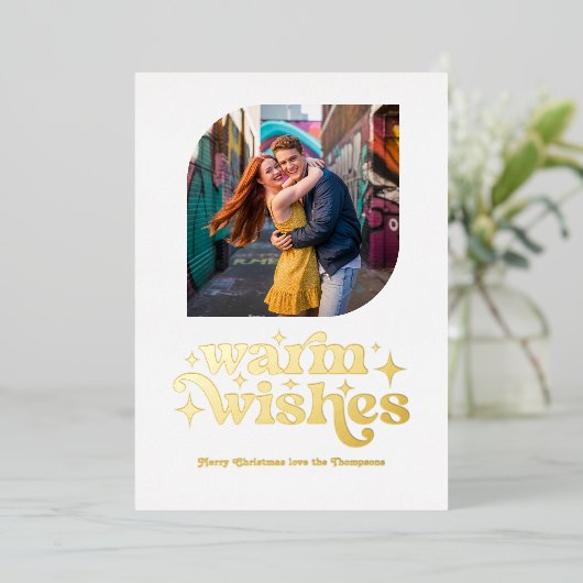 Wit & Goud Moderne Retro Kerstfoto Folie Feestdagenkaart (Staand Voorkant)