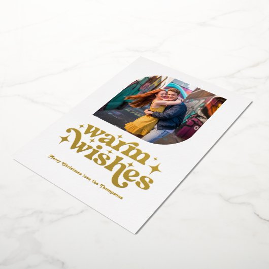 Wit & Goud Moderne Retro Kerstfoto Folie Feestdagenkaart (Gedraaid)