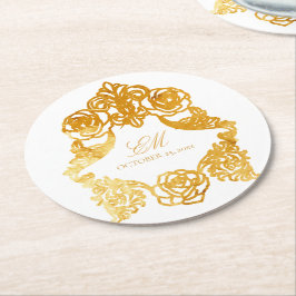 Wit & Goud Monogram Crest Bruiloft Logo Ronde Kartonnen Onderzetter