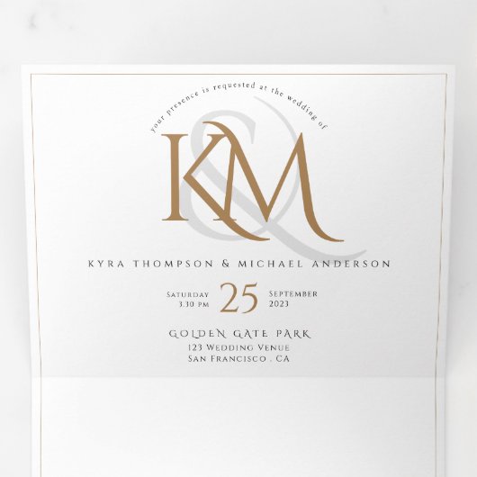 Wit Goud Monogram Modern Alles in één bruiloft Drieluik Uitnodiging (Binnenzijde eerst)