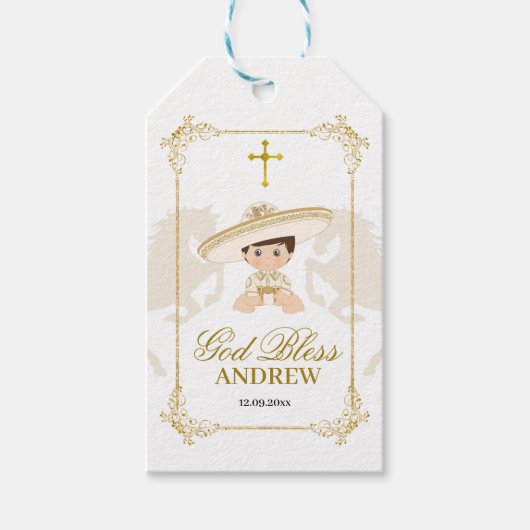 Wit Goud Paard Mexicaanse Jongen Charro Doop Cadeaulabel (Voorkant)
