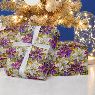 Wit Goud Paars Roze Kerst Poinsettia's Cadeaupapier