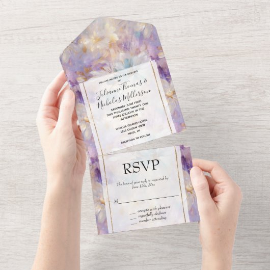 Wit Goud Paarse Blauwe Bloemen All In One Uitnodiging (Afscheurbaar)