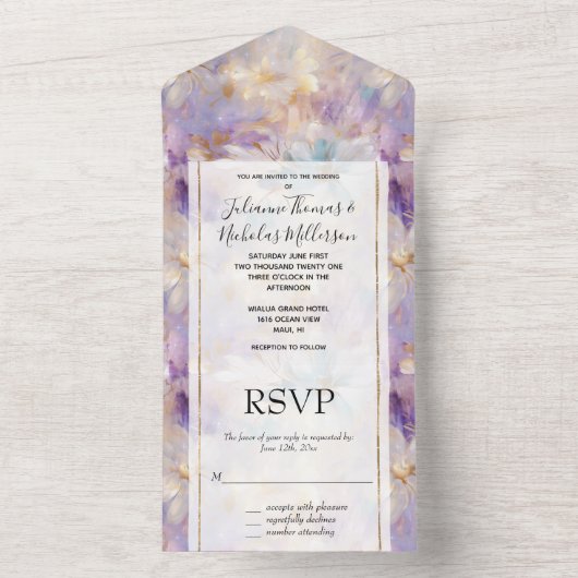 Wit Goud Paarse Blauwe Bloemen All In One Uitnodiging (Binnen)