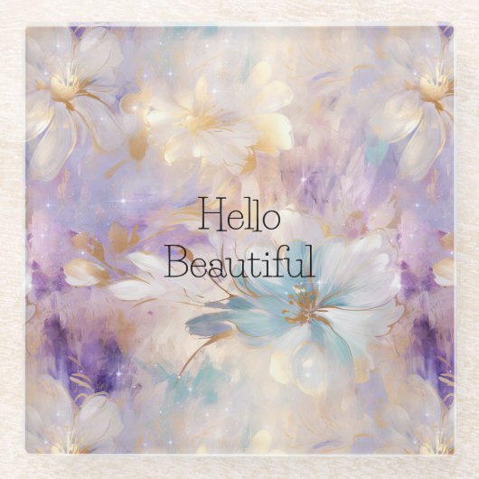 Wit Goud Paarse Blauwe Bloemen Glazen Onderzetter (Voorkant)