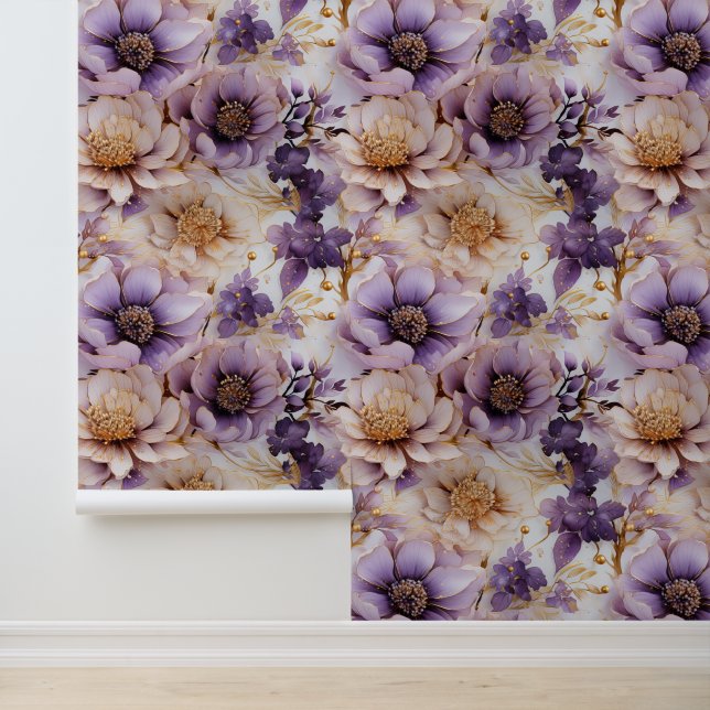 Wit Goud Paarse Bloemen Patroon Peel en Stick Behang (Applicatie)