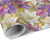 Wit Goud Paarse Roze Kerstmis Poinsettias Cadeaupapier (Rol Hoek)