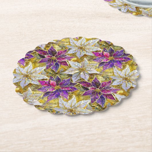 Wit Goud Paarse Roze Kerstmis Poinsettias Kartonnen Onderzetters (Gekanteld)