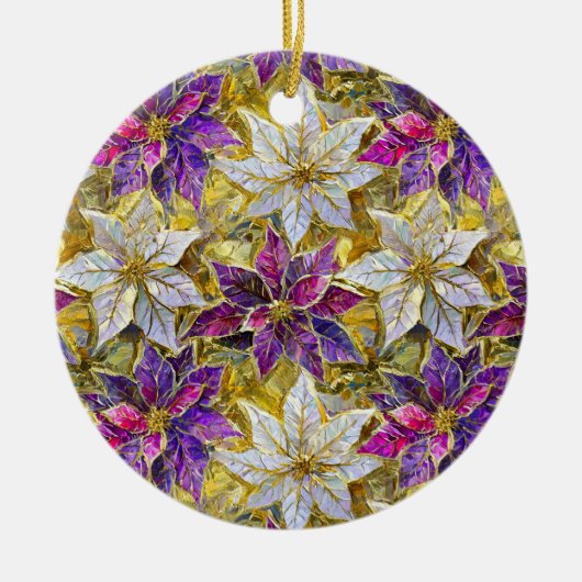 Wit Goud Paarse Roze Kerstmis Poinsettias Keramisch Ornament (Voorkant)