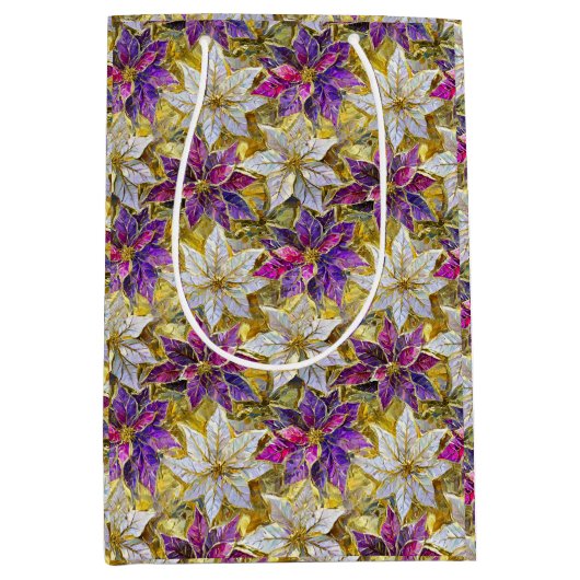 Wit Goud Paarse Roze Kerstmis Poinsettias Medium Cadeauzakje (Voorkant)