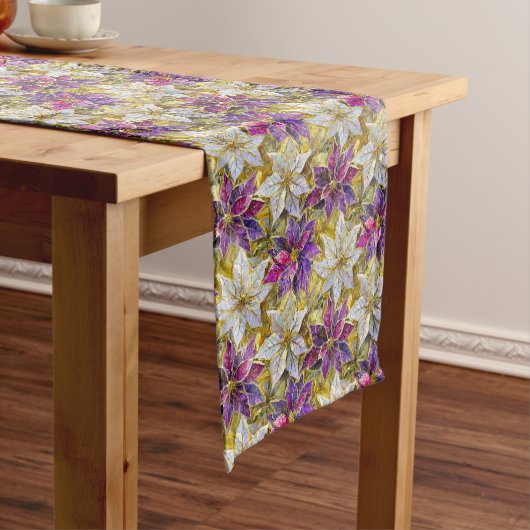 Wit Goud Paarse Roze Kerstmis Poinsettias Medium Tafelloper (Voorbeeld)