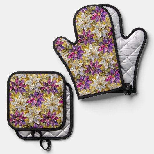 Wit Goud Paarse Roze Kerstmis Poinsettias Ovenwant & Pannenlap Set (Voorkant / Achterkant)