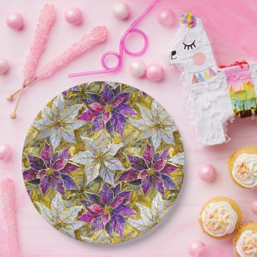 Wit Goud Paarse Roze Kerstmis Poinsettias Papieren Bordje (Feest)